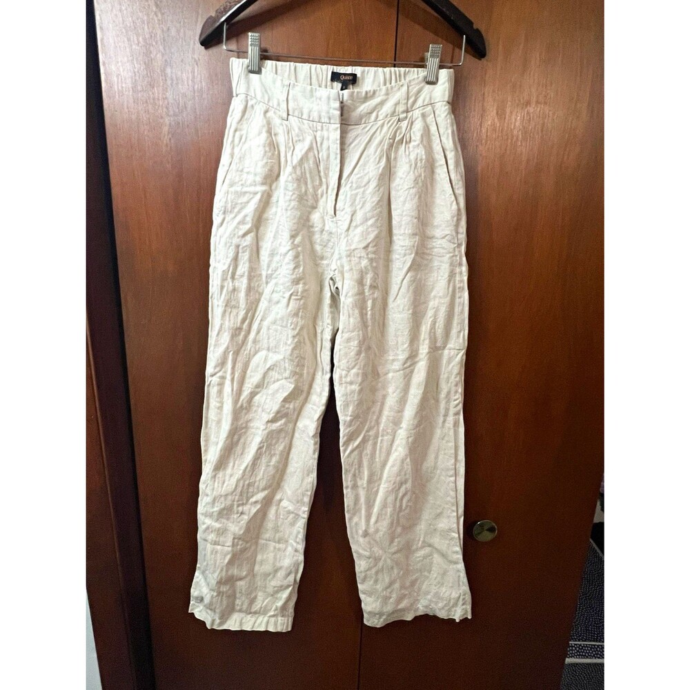 Quince Womens Beige European Linen Lined Pleated Trouser Pants Straight Leg 0
